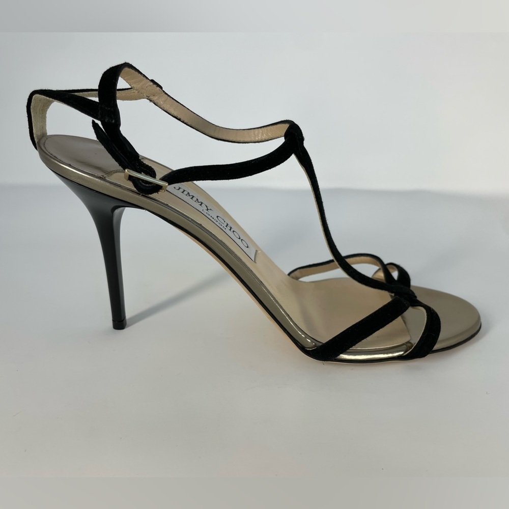 NEW Jimmy Choo Black Suede T Strap Strappy Sandals Heels NWOT Unworn